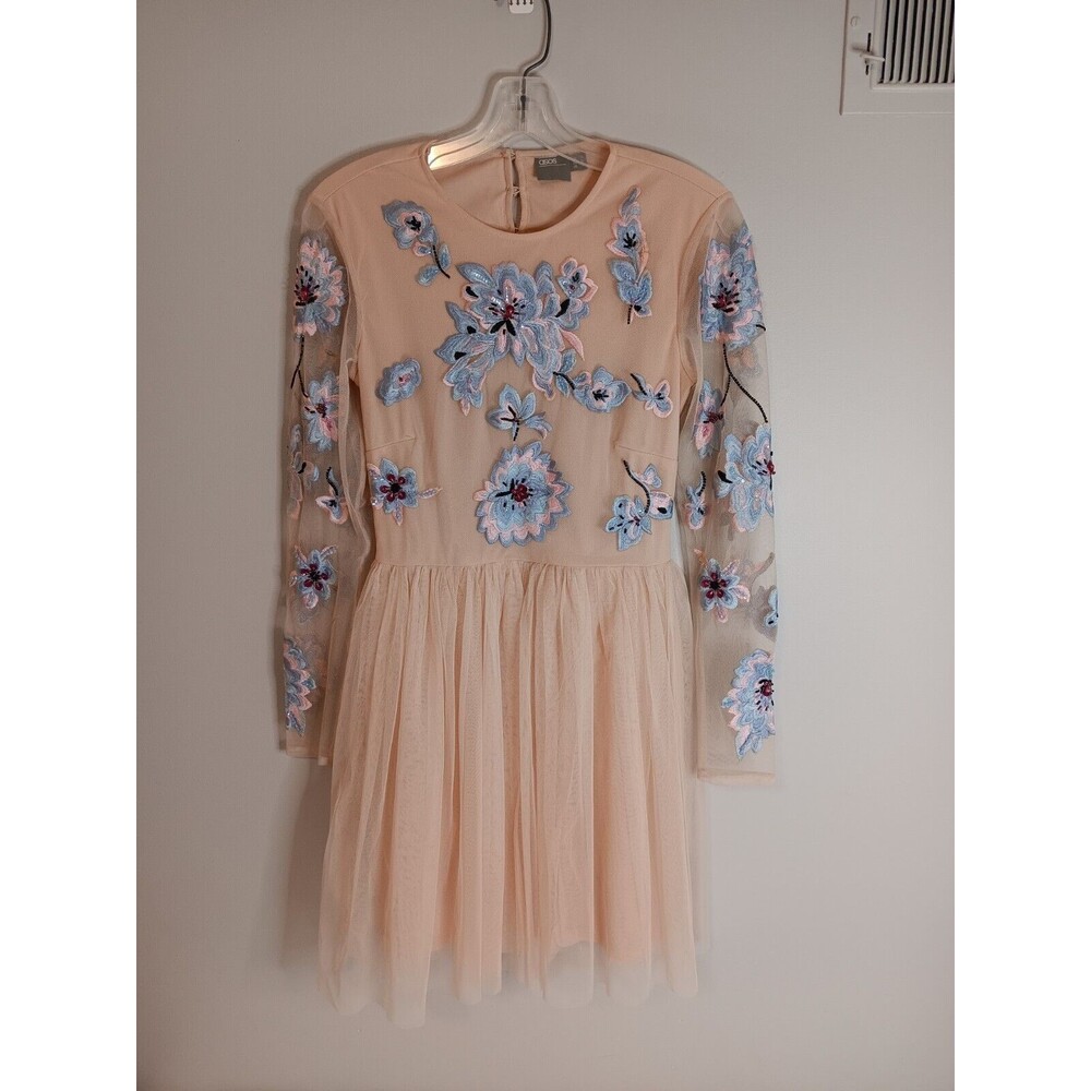 Asos Dress Formal Sz 6 Tulle Skirt Embroidered Floral Peach Color